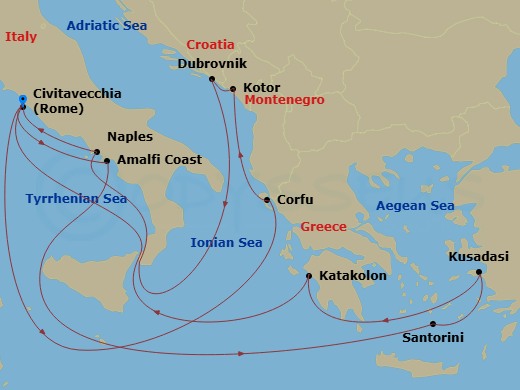 Route map: Civitavecchia (for Rome), Italy → Amalfi Coast (Salerno) → Santorini, Greece → Kusadasi, Turkey (for Ephesus) → Katakolon (for Olympia), Greece → Civitavecchia (for Rome), Italy → Corfu, Greece → Kotor, Montenegro → Dubrovnik, Croatia → Naples, Italy (for Capri & Pompeii)