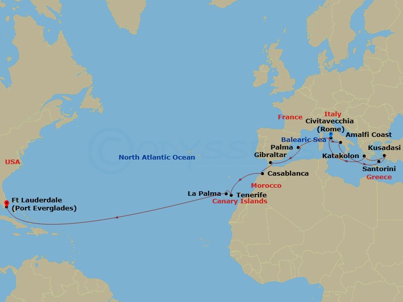 Route map: Civitavecchia (for Rome), Italy → Amalfi Coast (Salerno) → Santorini, Greece → Kusadasi, Turkey (for Ephesus) → Katakolon (for Olympia), Greece → Civitavecchia (for Rome), Italy → Mallorca (Palma), Spain → Gibraltar → Casablanca, Morocco (for Marrakech) → Santa Cruz De Tenerife, Spain