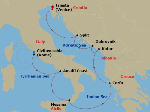 Route map: Rome (Civitavecchia) → Amalfi/Positano → Messina (Sicily) → Corfu → Kotor → Dubrovnik → Split → Trieste