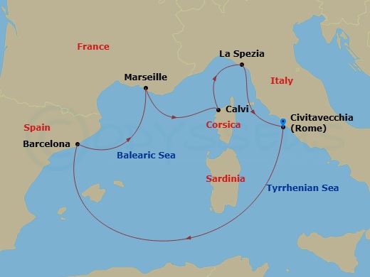 Route map: Civitavecchia (tours to Rome),Italy → Barcelona, Spain → Marseille, France → Calvi, Corsica, France → La Spezia (tours to Florence or Pisa), Italy → Civitavecchia (tours to Rome),Italy
