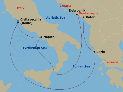 Route map: Civitavecchia (for Rome), Italy → Corfu, Greece → Kotor, Montenegro → Dubrovnik, Croatia → Naples, Italy (for Capri & Pompeii) → Civitavecchia (for Rome), Italy