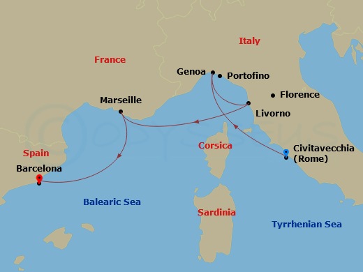 Route map: Civitavecchia (Rome) Italy → Genoa (Portofino) Italy → Livorno (Florence) Italy → Marseille (Provence) France → Barcelona Spain