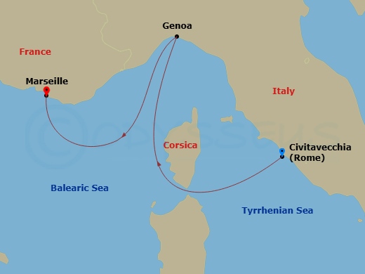 Route map: Rome (Civitavecchia) → Genoa → Marseille