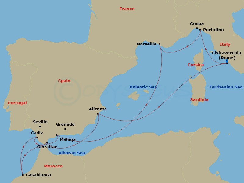 Route map: Civitavecchia (Rome) Italy → Genoa (Portofino) Italy → Marseille (Provence) France → Malaga (Granada) Spain → Casablanca (Marrakech) Morocco → Cadiz (Seville) Spain → Gibraltar Gibraltar → Alicante Spain → Civitavecchia (Rome) Italy