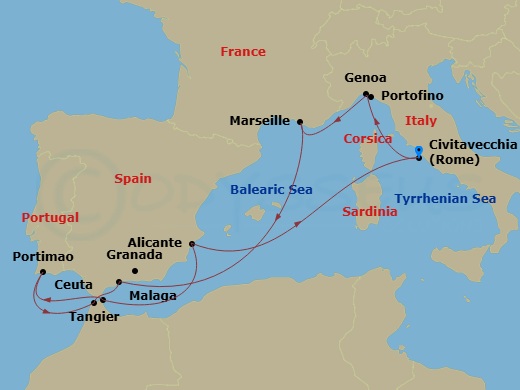 Route map: Civitavecchia (Rome) Italy → Genoa (Portofino) Italy → Marseille (Provence) France → Malaga (Granada) Spain → Tangier (Tetouan) Morocco → Portimao Portugal → Ceuta Spain → Alicante Spain → Civitavecchia (Rome) Italy