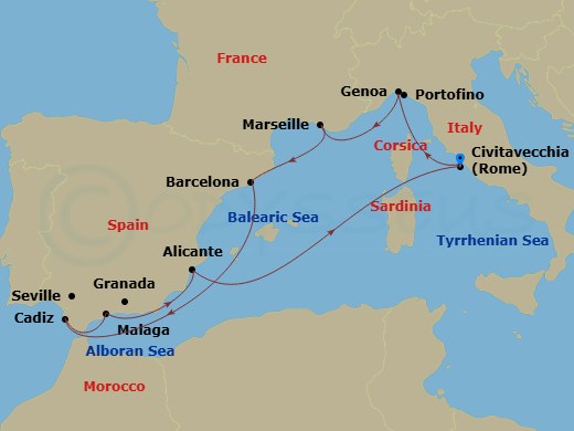 Route map: Civitavecchia (Rome) Italy → Genoa (Portofino) Italy → Marseille (Provence) France → Barcelona Spain → Cadiz (Seville) Spain → Malaga (Granada) Spain → Alicante Spain → Civitavecchia (Rome) Italy