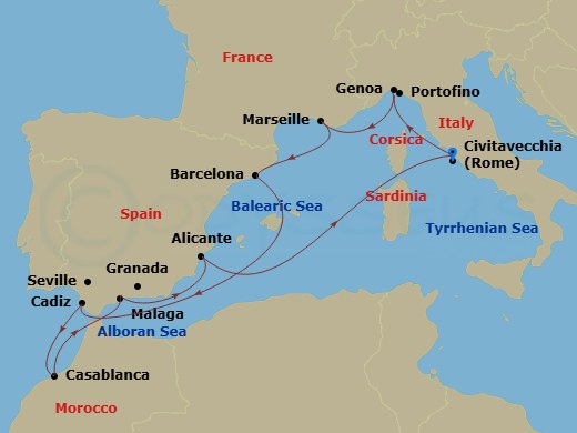 Route map: Civitavecchia (Rome) Italy → Genoa (Portofino) Italy → Marseille (Provence) France → Barcelona Spain → Cadiz (Seville) Spain → Casablanca (Marrakech) Morocco → Malaga (Granada) Spain → Alicante Spain → Civitavecchia (Rome) Italy