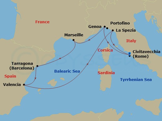 Route map: Civitavecchia (Rome) Italy → Genoa (Portofino) Italy → Marseille (Provence) France → Tarragona Spain → Valencia Spain → La Spezia (Cinque Terre) Italy → Civitavecchia (Rome) Italy
