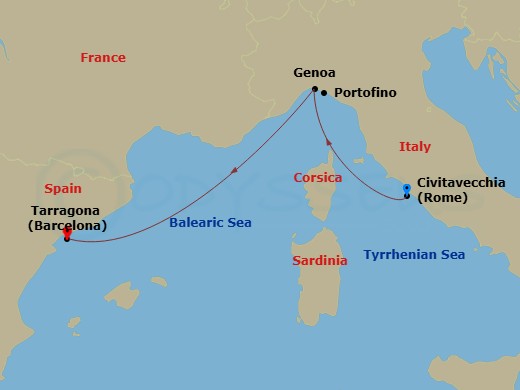 Route map: Civitavecchia (Rome) Italy → Genoa (Portofino) Italy → Tarragona Spain