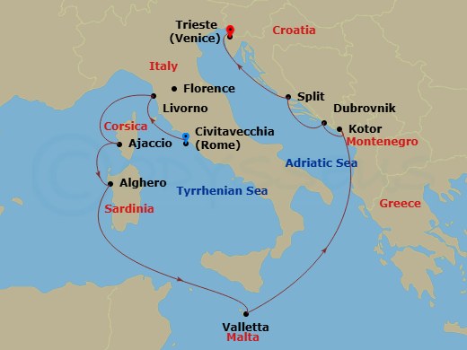 Route map: Civitavecchia (for Rome), Italy → Livorno (for Florence/Pisa), Italy → Corsica (Ajaccio), France → Sardinia (Alghero), Italy → Valletta, Malta → Kotor, Montenegro → Dubrovnik, Croatia → Split, Croatia → Trieste (for Venice), Italy