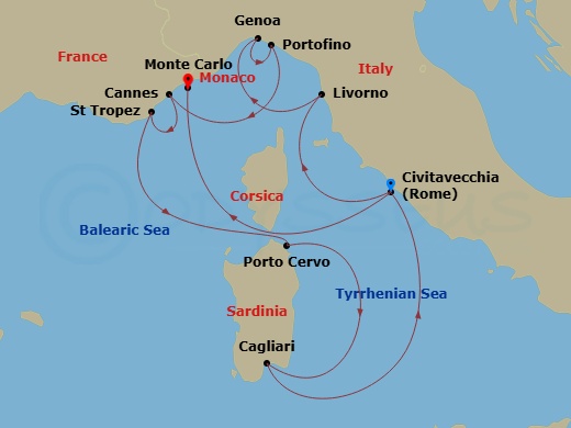 Route map: Civitavecchia (Rome) → Livorno (Florence) → Genoa → Portofino → Cannes → Saint-Tropez → Porto Cervo (Sardinia) → Sardinia/Cagliari → Civitavecchia (Rome) → Monte Carlo