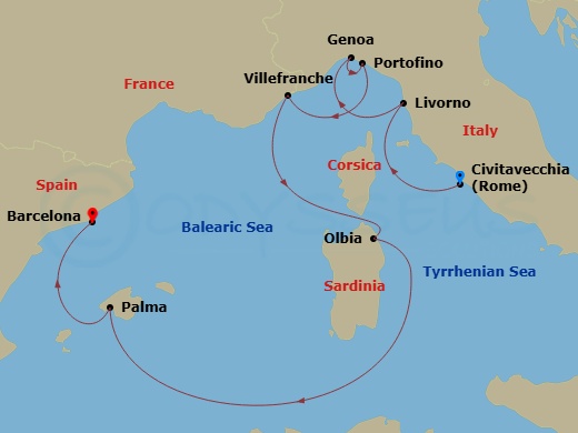 Route map: Civitavecchia (Rome) → Livorno (Florence) → Genoa → Portofino → Villefranche-Sur-Mer(Nice) → Olbia (Sardinia) → Palma De Mallorca → Barcelona