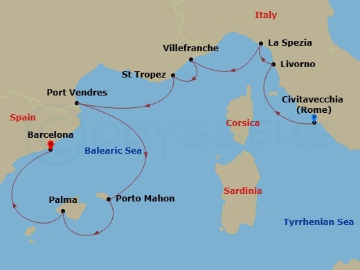 Route map: Civitavecchia (Rome) → Livorno (Tuscany) → La Spezia → Villefranche → Saint Tropez → Port Vendres → Porto Mahon → Palma de Mallorca → Barcelona