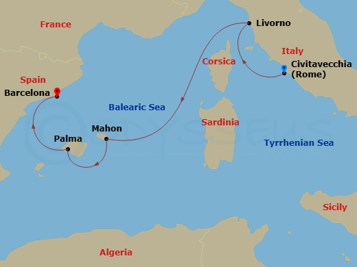 Route map: Rome (Civitavecchia) → Florence / Pisa (Livorno) → Mahon, Menorca → Palma, Majorca → Barcelona