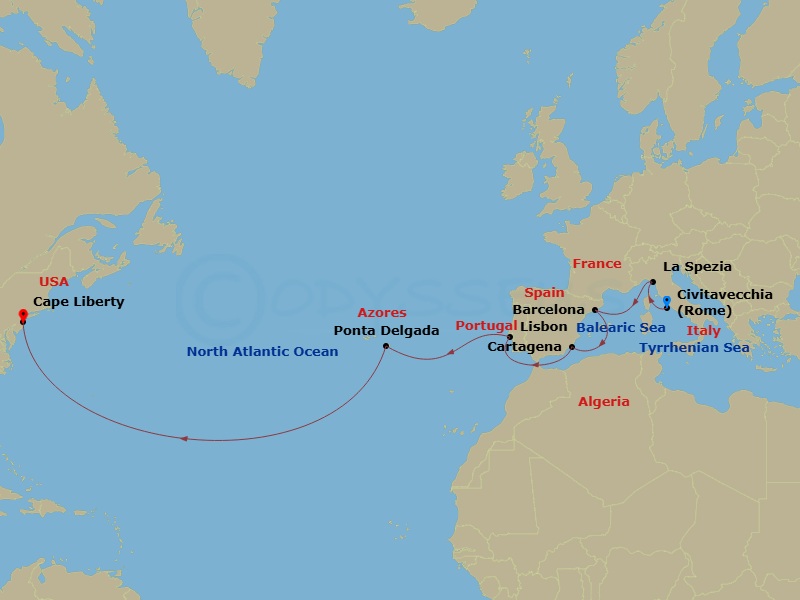 Route map: Rome (Civitavecchia), Italy → Florence/Pisa(Laspezia)Italy → Barcelona, Spain → Cartagena, Spain → Lisbon, Portugal → Ponta Delgada, Azores → Cape Liberty, Nj (Ny Metro)