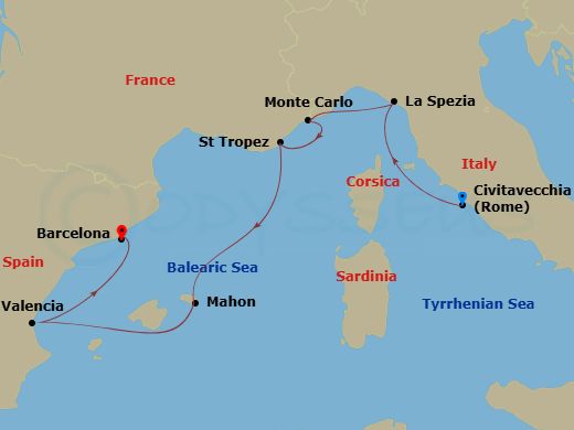 Route map: Civitavecchia (Rome) → La Spezia → Monte Carlo → Saint-Tropez → Mahon (Menorca) → Valencia → Barcelona