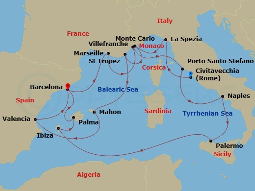 Route map: Civitavecchia (Rome) → La Spezia → Monte Carlo → Saint-Tropez → Mahon (Menorca) → Valencia → Barcelona → Marseille → Villefranche-Sur-Mer(Nice) → Porto Santo Stefano (Argentario)
