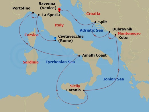 Route map: Rome (Civitavecchia), Italy → Florence/Pisa(Laspezia)Italy → Portofino, Italy → Amalfi Coast (Salerno),Italy → Catania,Sicily,Italy → Kotor, Montenegro → Dubrovnik, Croatia → Split, Croatia → Ravenna, Italy