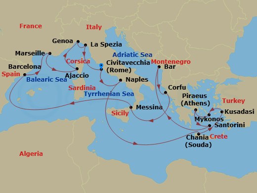 Route map: Civitavecchia (for Rome), Italy → Naples, Italy (for Capri & Pompeii) → Crete (Chania), Greece → Kusadasi, Turkey (for Ephesus) → Mykonos, Greece → Athens (Piraeus), Greece → Santorini, Greece → Bar, Montenegro → Corfu, Greece → Sicily (Messina), Italy