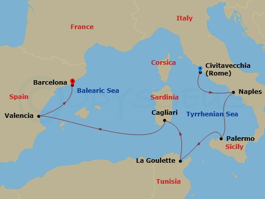 Route map: Rome (Civitavecchia) → Naples → Palermo Sicily → Tunis (La Goulette) → Sardinia (Cagliari) → Valencia → Barcelona