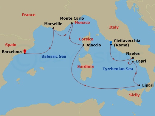 Route map: Civitavecchia (Rome) → Port Of Naples → Capri → Lipari (Aeolian Islands) → Ajaccio (Corsica) → Monte Carlo → Marseille → Barcelona