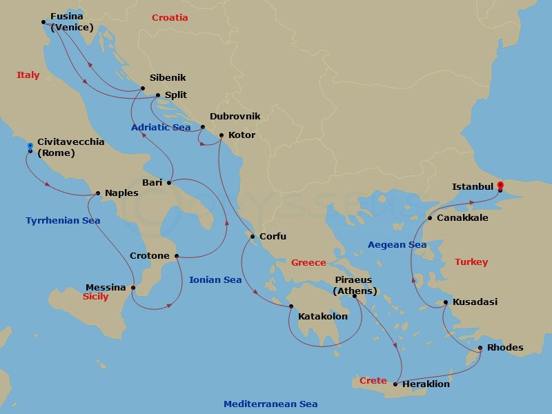 Route map: Rome (Civitavecchia) → Naples → Sicily (Messina) → Crotone → Bari → Sibenik → Venice (Fusina) → Split → Dubrovnik → Kotor