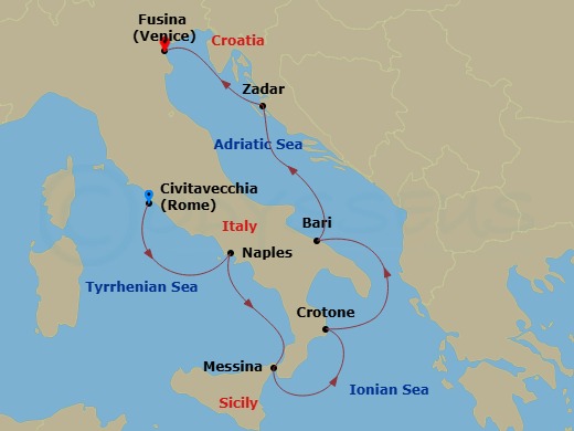 Route map: Venice (Fusina) → Zadar → Bari → Crotone → Sicily (Messina) → Naples → Rome (Civitavecchia)