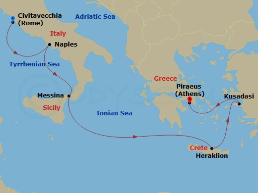 Route map: Rome (Civitavecchia) → Naples → Sicily (Messina) → Crete (Heraklion) → Ephesus (Kusadasi) → Athens (Piraeus)