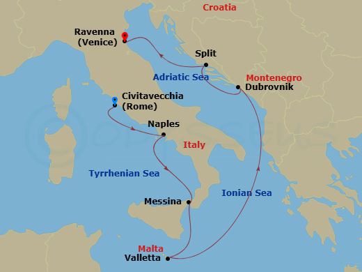 Route map: Rome (Civitavecchia), Italy → Naples, Italy → Sicily (Messina), Italy → Valletta, Malta → Dubrovnik, Croatia → Split, Croatia → Ravenna, Italy