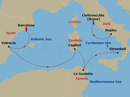Route map: Rome (Civitavecchia) → Naples → Tunis (La Goulette) → Sardinia (Cagliari) → Valencia → Barcelona