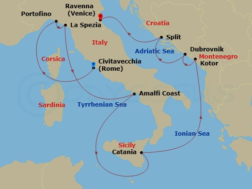 Route map: Rome (Civitavecchia), Italy → Portofino, Italy → Florence/Pisa(Laspezia)Italy → Amalfi Coast (Salerno),Italy → Catania,Sicily,Italy → Kotor, Montenegro → Dubrovnik, Croatia → Split, Croatia → Ravenna, Italy