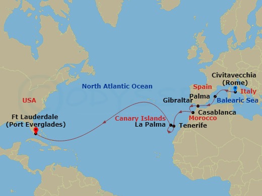Route map: Civitavecchia (for Rome), Italy → Mallorca (Palma), Spain → Gibraltar → Casablanca, Morocco (for Marrakech) → Santa Cruz De Tenerife, Spain → La Palma, Canary Islands, Spain → Ft. Lauderdale, Florida