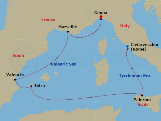 Route map: Civitavecchia (Rome) Italy → Palermo (Monreale) Italy → Ibiza (Baleari Is.) Spain → Valencia Spain → Marseille (Provence) France → Genoa (Portofino) Italy
