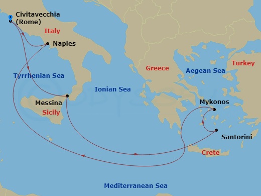 Route map: Rome (Civitavecchia), Italy → Sicily (Messina), Italy → Santorini, Greece → Mykonos, Greece → Naples, Italy → Rome (Civitavecchia), Italy