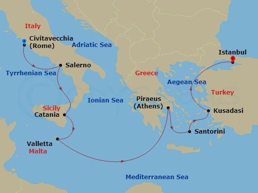 Route map: Civitavecchia  Rome, Italy → Amalfi Coast (Salerno), Italy → Catania, Italy → Valletta, Malta → Piraeus  Athens, Greece → Santorini Island, Greece → Kusadasi, Turkey → Istanbul, Turkey