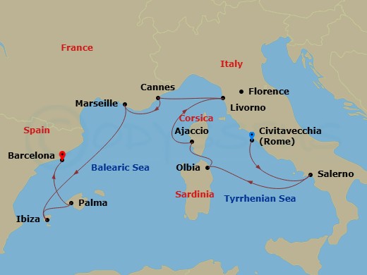 Route map: Rome (Civitavecchia) → Salerno → Olbia/Porto Cervo (Sardinia) → Ajaccio (Corsica) → Florence/Pisa/Tuscany (Livorno) → Cannes → Provence (Marseille) → Ibiza → Palma De Mallorca → Barcelona