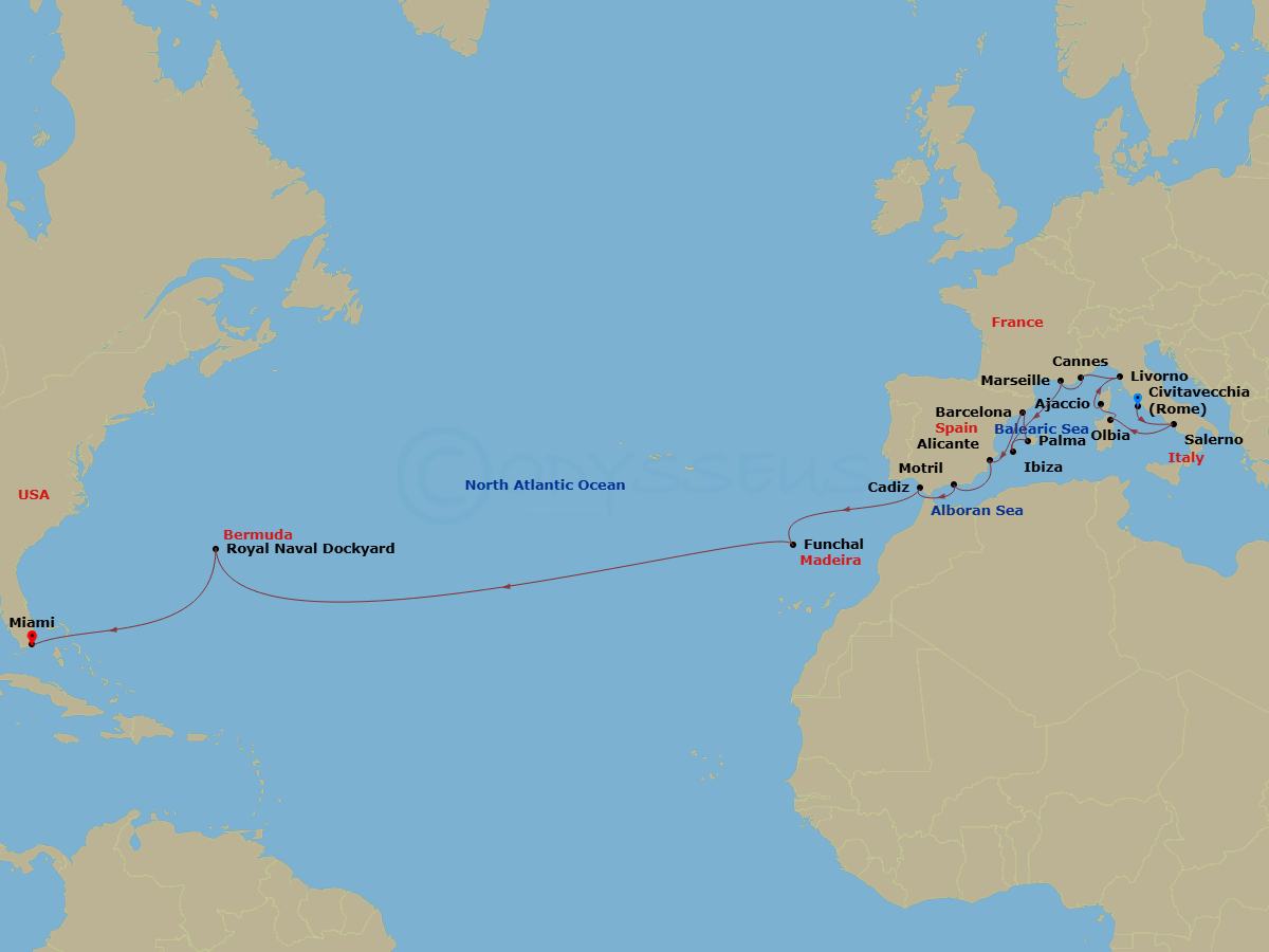Route map: Rome (Civitavecchia) → Salerno → Olbia/Porto Cervo (Sardinia) → Ajaccio (Corsica) → Florence/Pisa/Tuscany (Livorno) → Cannes → Provence (Marseille) → Ibiza → Palma De Mallorca → Barcelona