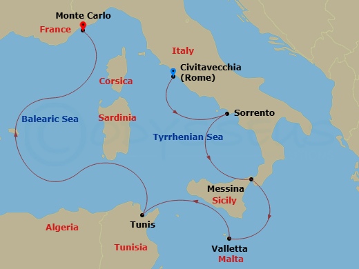 Route map: Civitavecchia (Rome) → Sorrento → Messina → Valletta → Tunis (La Goulette) → Monte Carlo