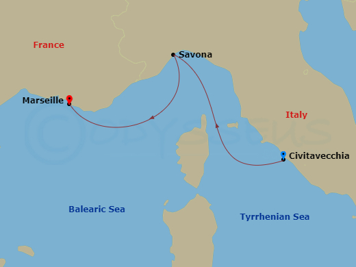 Route map: Civitavecchia | Rome → Savona (Italy) → Marseille (France)
