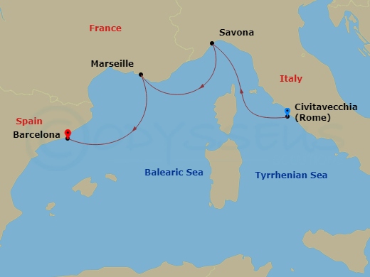 Route map: Rome (Civitavecchia) → Savona → Marseille → Barcelona