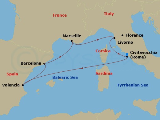 Route map: Civitavecchia (Rome) Italy → Valencia Spain → Barcelona Spain → Marseille (Provence) France → Livorno (Florence) Italy → Civitavecchia (Rome) Italy