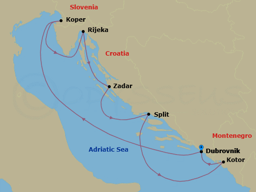 Route map: Dubrovnik, Croatia → Koper, Slovenia → Rijeka, Croatia → Zadar, Croatia → Split, Croatia → Kotor, Montenegro → Dubrovnik, Croatia