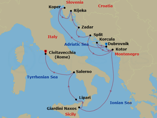 Route map: Dubrovnik, Croatia → Koper, Slovenia → Rijeka, Croatia → Zadar, Croatia → Split, Croatia → Kotor, Montenegro → Dubrovnik, Croatia → Korcula, Croatia → Kotor, Montenegro → Giardini Naxos (Taormina), Italy