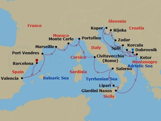 Route map: Dubrovnik, Croatia → Koper, Slovenia → Rijeka, Croatia → Zadar, Croatia → Split, Croatia → Kotor, Montenegro → Dubrovnik, Croatia → Korcula, Croatia → Kotor, Montenegro → Giardini Naxos (Taormina), Italy