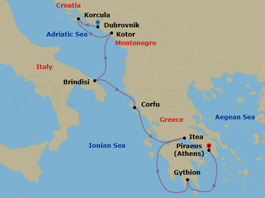 Route map: Dubrovnik, Croatia → Korcula, Croatia → Kotor, Montenegro → Brindisi (Lecce), Italy → Corfu, Greece → Itea (Delphi), Greece → Gythion (Sparta), Greece → Piraeus (Athens), Greece