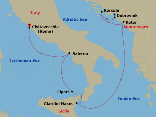 Route map: Dubrovnik, Croatia → Korcula, Croatia → Kotor, Montenegro → Giardini Naxos (Taormina), Italy → Lipari, Italy → Salerno, Italy → Civitavecchia (Rome), Italy