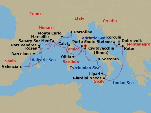 Route map: Dubrovnik → Korcula → Kotor → Giardini Naxos (Taormina), Italy → Lipari, Italy → Sorrento → Rome (Civitavecchia) → Portofino (Santa Margherita) → Monte Carlo → Marseille