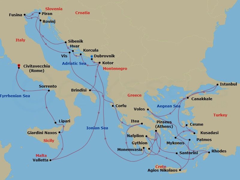 Route map: Dubrovnik, Croatia → Kotor, Montenegro → Brindisi (Lecce), Italy → Corfu, Greece → Itea (Delphi), Greece → Gythion (Sparta), Greece → Piraeus (Athens), Greece → Monemvasia, Greece → Agios Nikolaos, Crete, Greece → Mykonos, Greece