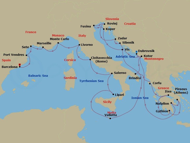 Route map: Dubrovnik, Croatia → Kotor, Montenegro → Brindisi (Lecce), Italy → Corfu, Greece → Itea (Delphi), Greece → Gythion (Sparta), Greece → Piraeus (Athens), Greece → Nafplion, Greece → Kotor, Montenegro → Vodice (Sibenik), Croatia