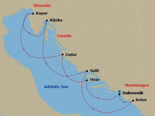 Route map: Dubrovnik, Croatia → Hvar, Croatia → Zadar, Croatia → Koper, Slovenia → Rijeka, Croatia → Split, Croatia → Kotor, Montenegro → Dubrovnik, Croatia